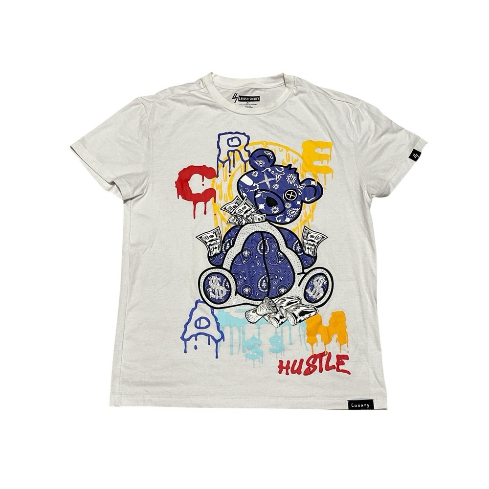 Luxury By Lavish Society Cream Hustle Money Bear White T-Shirt Size S RN93346